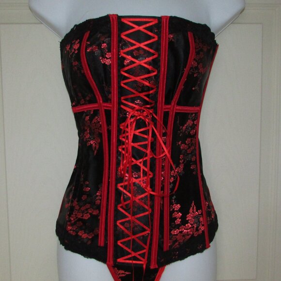 Black Red Asian Themed Jacquard Corset Set - NEW - Picture 3 of 9
